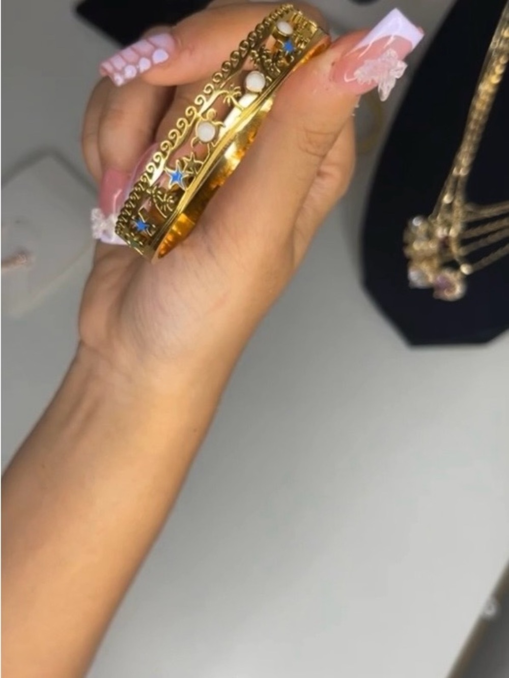Gold Star & Pearl Accent Bangle Bracelet